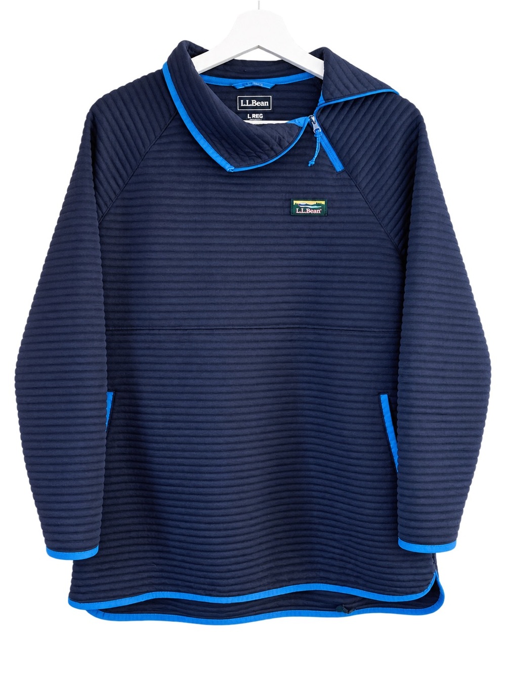 L.L. Bean Navy Quilted Pullover with Blue Trim L Textured Fleece Outdoor Gorpcor